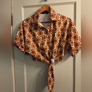 Cider Retro Op Art Print Cropped Button Down Shirt Sz M